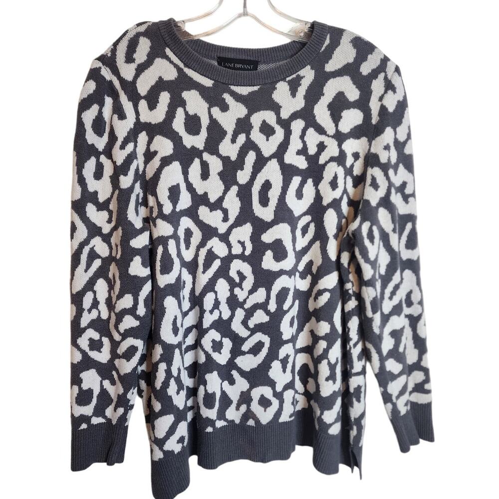 Lane Bryant Gray/White Animal Print Crew Neck Sweater, 14/16